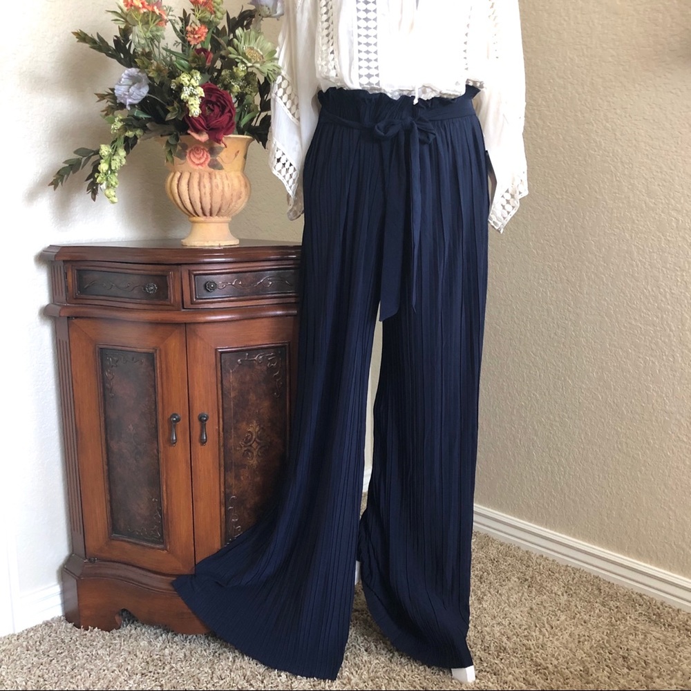 Olivia Rose Navy Crinkle Wide Leg Pants